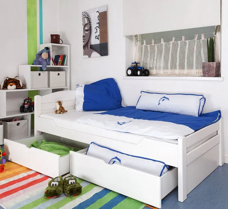 Kinderbett 90 x 200 cm | Massivholz: Buche | Weiß Lackiert | inkl. 2 Schubladen und Lattenrost Abbildung