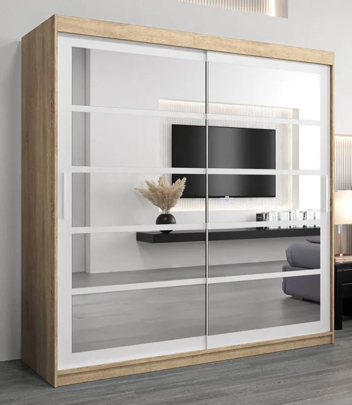 2 Meter breiter Kleiderschrank mit 2 Türen | Farbe: Sonoma Eiche / Weiß Abbildung