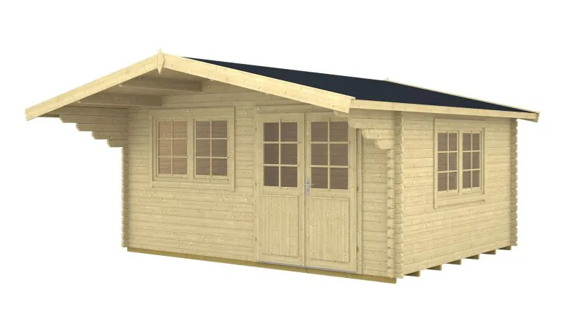 Gartenhaus aus nordischen Fichtenholz, inkl. Fußboden, 70 mm Blockbohlenhaus, Grundfläche: 17,86 m², Satteldach, Außenmaße: 470 x 380 cm, Fenster und Tür aus Isolierglas