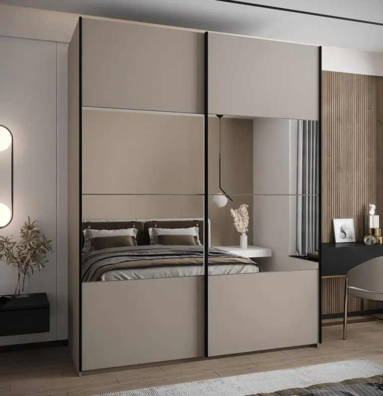 Kleiderschrank / Schiebetürenschrank | Farbe: Kaschmir | 11 Fächer | 2 Schiebetüren | 2 Kleiderstangen | 245,5 x 200 x 64 cm | Spiegel | Soft-Close