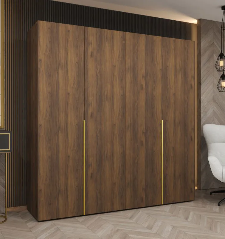 Kleiderschrank mit zwei Kleiderstangen | Farbe: Walnuss | 2 Meter breit | zwei Fächer | vier Türen | Soft-Close-Funktion | Griffe: Gold | für Schlafzimmer