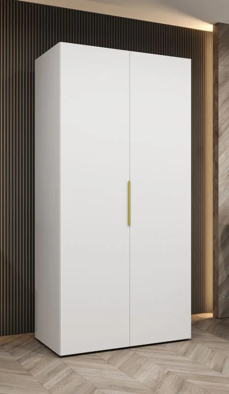 Kleiderschrank mit zwei Türen Korab 05, Farbe: Weiß, 1 Meter breit, Drehtürenschrank, ein Fach, Griffe: Gold, eine Kleiderstange, Soft-Close-Funktion