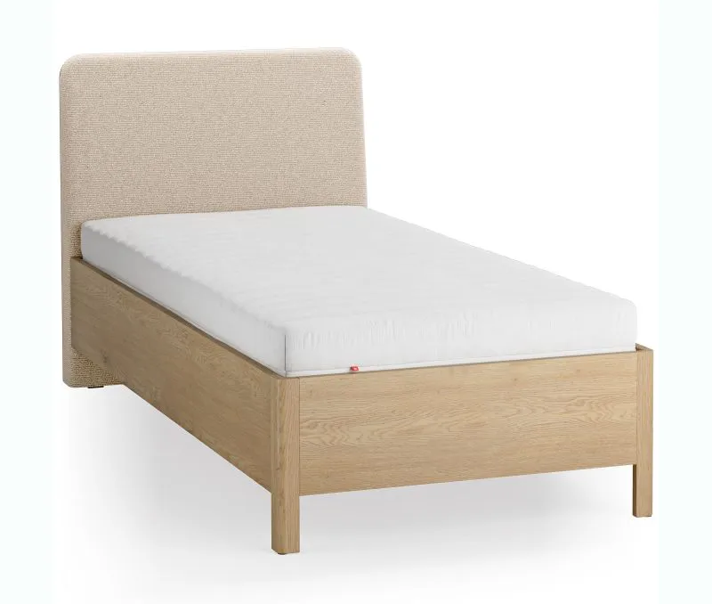 Einzelbett | Farbe: Eiche / Beige | Eiche massiv | weich gepolsterte Kopfstütze | 90 x 200 cm | Gästebett | inkl. Lift up Lattenrost | dezent abgerundete Form
