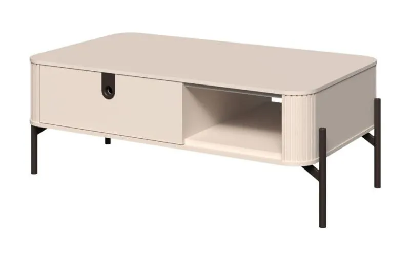 Couchtisch mit Schublade | 43 x 110 x 65 cm | Kaschmir matt | Soft Close System | Metallbeine | dekorative Relief-Streifen | 1 Fach