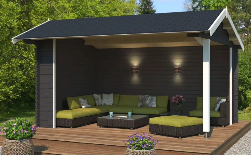 Überdachung G282 Carbongrau - 34 mm Blockbohlenhaus, Grundfläche: 12,26 m², Satteldach