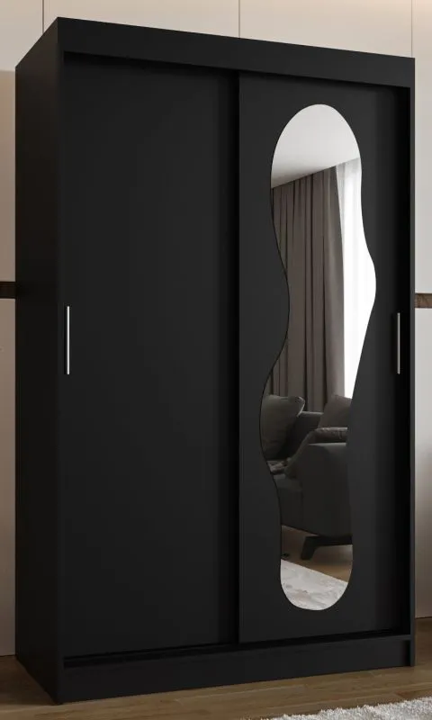 Kleiderschrank / Schiebetürenschrank Lagginhorn 07, Farbe: Schwarz, eine Spiegeltür, 1,2 Meter breit, fünf Fächer, Aluminiumschienen, zwei Kleiderstangen