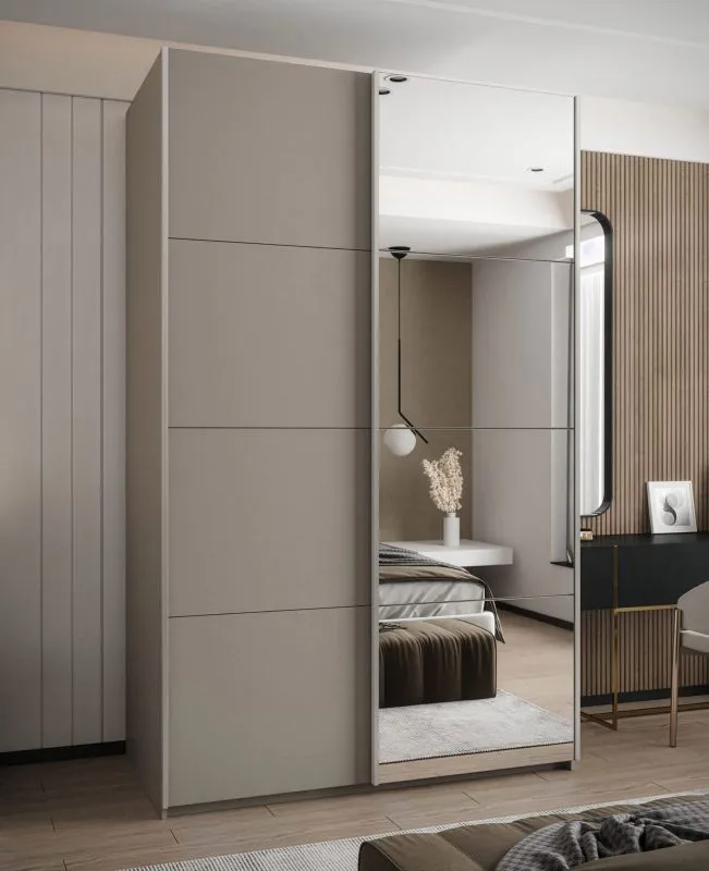 Kleiderschrank / Schiebetürenschrank | Farbe: Kaschmir | 245,5 x 150 x 64 cm | 2 Kleiderstangen | Soft-Close | Spiegel | 2 Schiebetüren | 6 Fächer