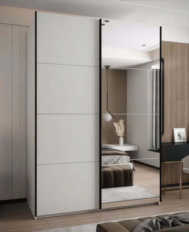 Kleiderschrank / Schiebetürenschrank | 11 Fächer | 245,5 x 170 x 64 cm | Farbe: Weiß | Spiegel | 2 Kleiderstangen | 2 Schiebetüren | Soft-Close