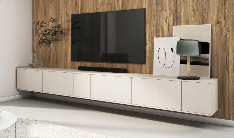 TV-Schrank | Kaschmir | Push-to-open Funktion | 10 Türen | 20 Fächer | 350 x 40 x 40 cm | kann hängend oder stehend aufgebaut werden | TV-Möbel