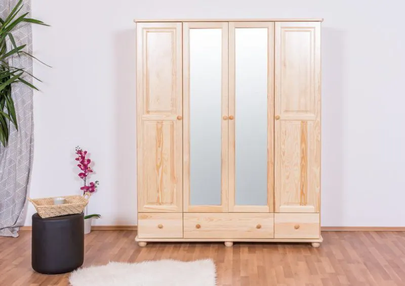 Schlafzimmer - Kleiderschrank mit Spiegel, Kiefer Massivholz natur