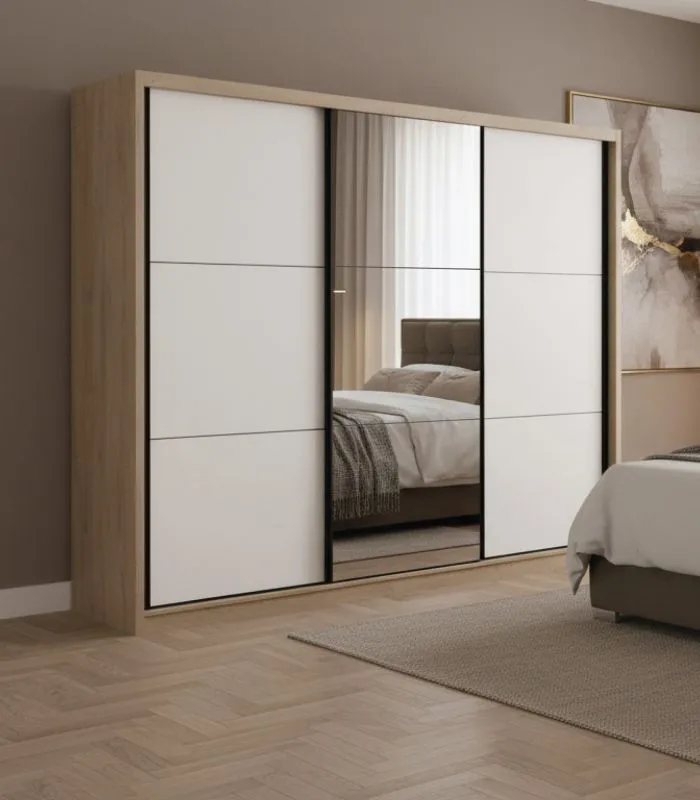 Schiebetürenschrank / Kleiderschrank | 11 Fächer | Eiche Premium / Weiß | 1 Kleiderstange | 1 Spiegeltür | 240 x 49 x 215 cm | 9 Einlegeböden