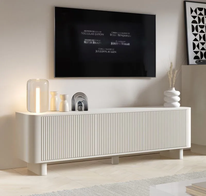 TV-Unterschrank | Kaschmir | 3 Kipptüren | 3 Fächer | 180 x 40 x 54 cm | Push-to-open Funktion | TV-Möbel | Lamellen Design | auf Beinen oder hängend | für Wohnzimmer