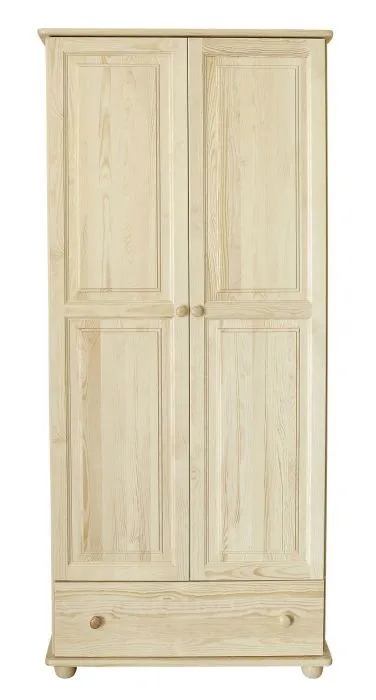 Kleiderschrank | 2 Drehtüren | 1 Schublade | 1 Fach | mit Kleiderstange | 92 cm breit | Massivholz | Farbe: Natur Abbildung
