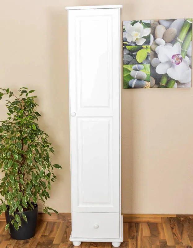 Kleiderschrank | 1 Drehtür | 1 Schublade | mit Kleiderstange | 45 cm breit | Massivholz | Farbe: Weiß Abbildung