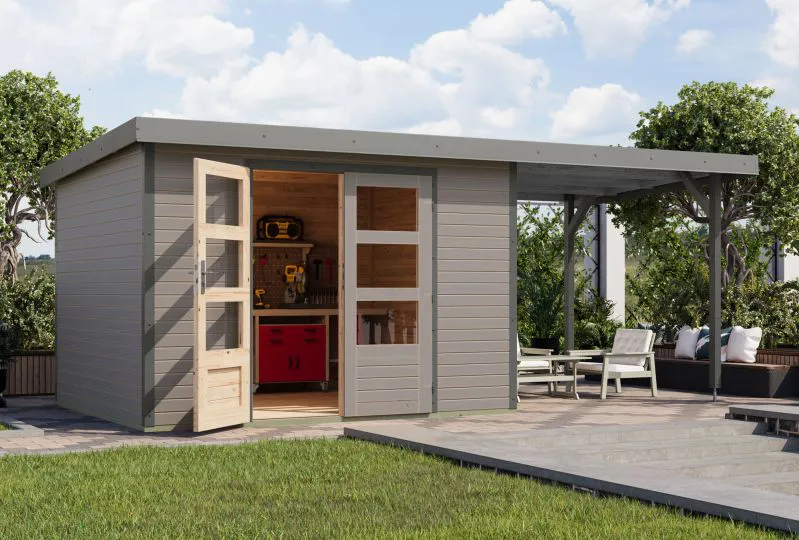 Holz Gartenhaus Anbaudach mit Pultdach, wassergrau/graualuminium, metallverstärkte-Ecken, Fichte, Trapezblechdach, Doppelflügeltür, 2,98 × 2,42 m