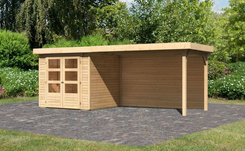 Gartenhaus SET AKTION naturbelassen mit Anbaudach 2,8 m, Rückwand, Grundfläche: 4,45m²