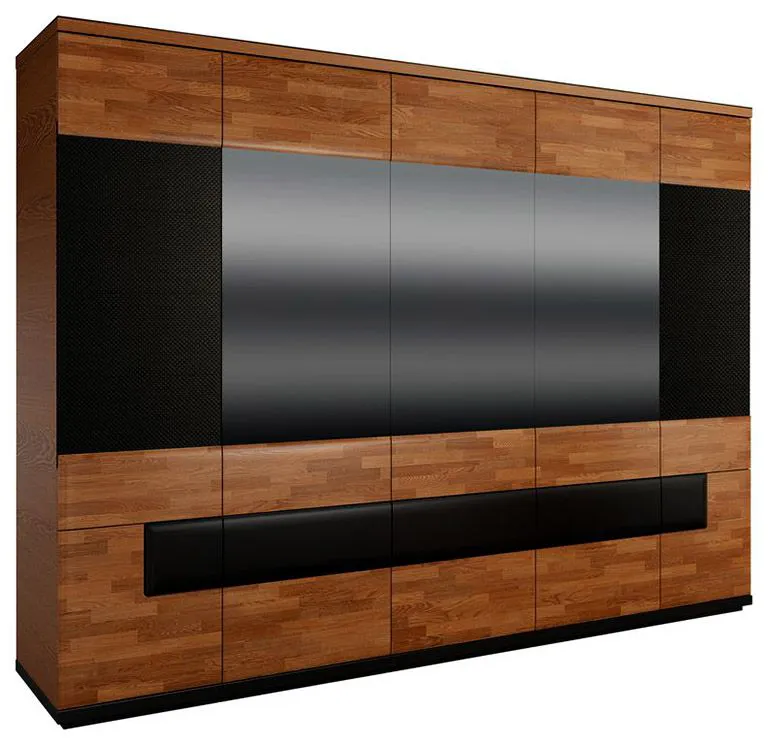 Großer Kleiderschrank | 5 Drehtüren | 6 Schubladen | mit Kleiderstange | 285 cm breit | Eiche teilmassiv | Farbe: Walnuss / Schwarz Abbildung