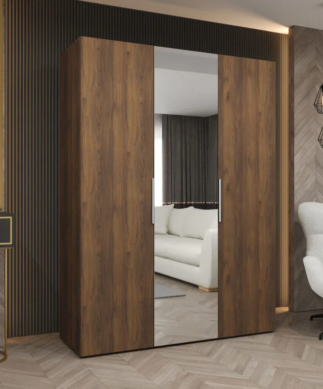 Kleiderschrank mit einer Spiegeltür | Farbe: Walnuss | Soft-Close-Funktion | zwei Kleiderstangen | 1,5 Meter breit | Griffe: Silber | Drehtürenschrank
