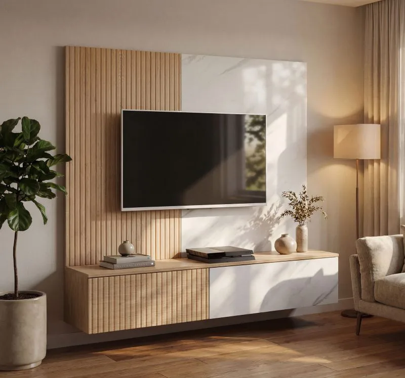 TV-Unterschrank inklusive Wandpaneel | Farbe: Eiche Graphite / Weißer Marmor | geriffelte Front | Push-to-open Funktion | 240 x 40 x 160 cm | für Wohnzimmer