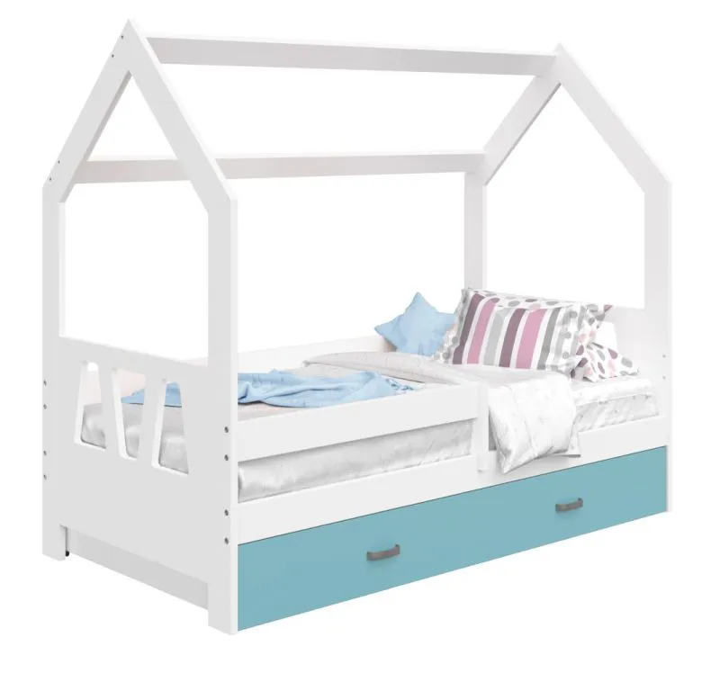 Kinderbett / Hausbett Kiefer Vollholz massiv weiß lackiert D3A, Schublade: Blau, inkl. Lattenrost - Liegefläche: 80 x 160 cm (B x L)