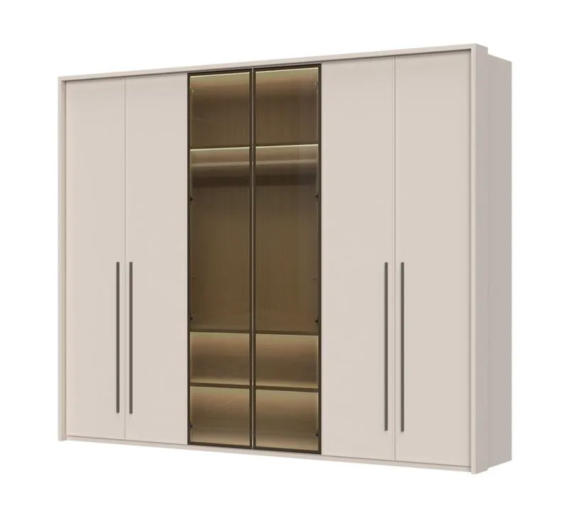 Kleiderschrank mit zwei Glastüren und Rahmen Neiafu 48, Farbe: Kaschmir, Maße: 224 x 272 x 56 cm, inkl. Innenbeleuchtung, drei Kleiderstangen
