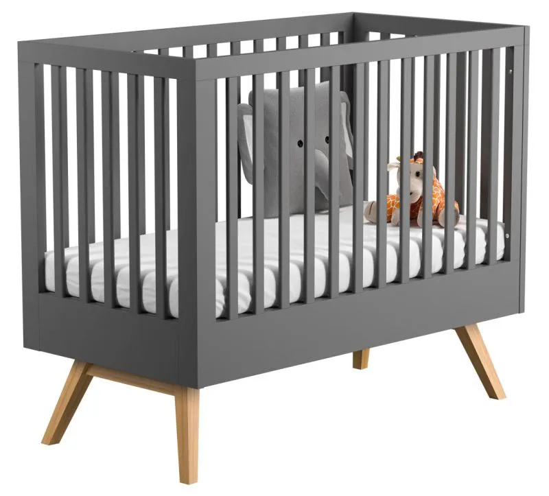 Babybett / Gitterbett Naema 06, Farbe: Grau / Eiche - Liegefläche: 70 x 140 cm (B x L)