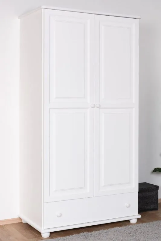 Kleiderschrank Kiefer Vollholz massiv weiß lackiert Junco 08B - Abmessung 195 x 102 x 59 cm (H x B x T)