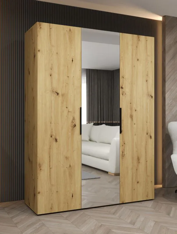 Drehtürenschrank mit einer Spiegeltür Korab 67, Farbe: Eiche Artisan, zwei Fächer, 1,5 Meter breit, zwei Kleiderstangen, Griffe: Schwarz, Soft-Close-Funktion