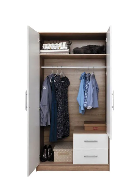 1 Meter breiter Kleiderschrank mit 2 Türen, 2 Fächern und 2 Schubladen | Farbe: Weiß | Tiefe: 56 cm Abbildung