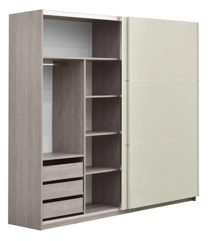 Kleiderschrank | 2 Schiebetüren | 3 Schubladen | 8 Fächer | mit 2 Kleiderstangen | 229 cm breit | Farbe: Eiche Abbildung