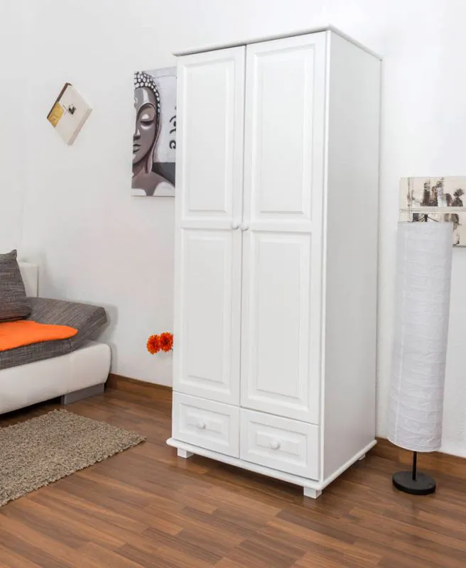 Kleiderschrank | 2 Drehtüren | 2 Schubladen | 1 Fach | mit Kleiderstange | 80 cm breit | Massivholz | Farbe: Weiß Abbildung