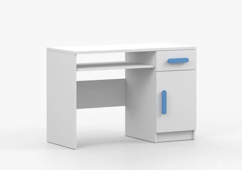 1,1 Meter breiter Schreibtisch | 3 Fächer | 1 Schublade | blaue Holzgriffe | Weiß | Smolikas 91 | 1 Türe | 75 x 110 x 50 cm