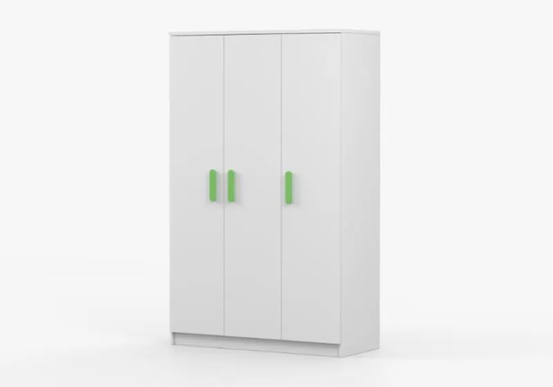 Drehtürenschrank / Kleiderschrank 1,2 Meter breit | Kleiderstange | 192 x 120 x 50 cm | Weiß | 9 Fächer | Smolikas 119 | 3 Türen | Holzgriffe