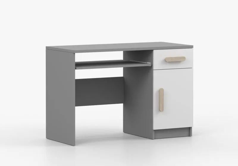 1,1 Metter breiter Schreibtisch | Weiß / Grau | Smolikas 87 | Holzgriffe | 1 Schublade | 50 x 110 x 75 cm | 1 Türe | 3 Fächer |