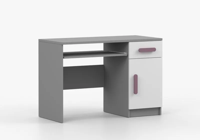 1,1 Meter breiter Schreibtisch | 3 Fächer | 1 Schublade | 75 x 110 x 50 cm | Weiß / Grau | Smolikas 86 | 1 Türe | Holzgriffe