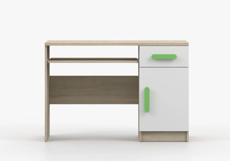 1,1 Meter breiter Schreibtisch | Weiß /  Eiche | grüne Holzgriffe | Smolikas 76 | 3 Fächer | 1 Schublade | 75 x 110 x 50 cm