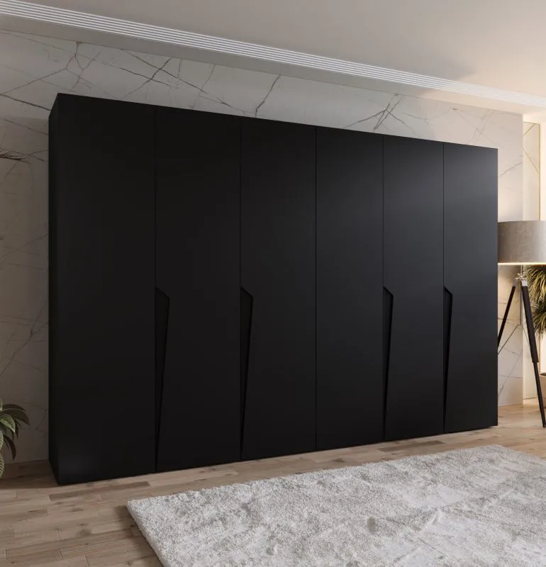 Drehtürenschrank / Kleiderschrank | Farbe: Schwarz | 4 Fächer | 3 Meter breit | Griffe: Schwarz | 4 Kleiderstangen | Soft-Close-Funktion | Maße: 300 x 52 x 202 cm