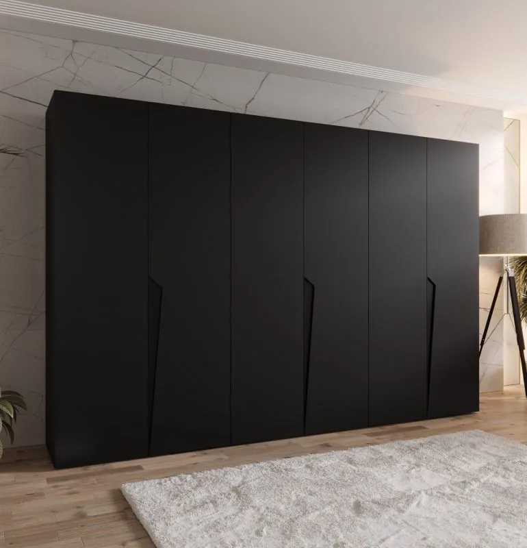 Drehtürenschrank | Farbe: Schwarz | ABS-Kanten | 3 Meter breit | 3 Kleiderstangen | Soft-Close-Funktion | Griffe: Schwarz | 3 Fächer | Maße: 300 x 52 x 202 cm