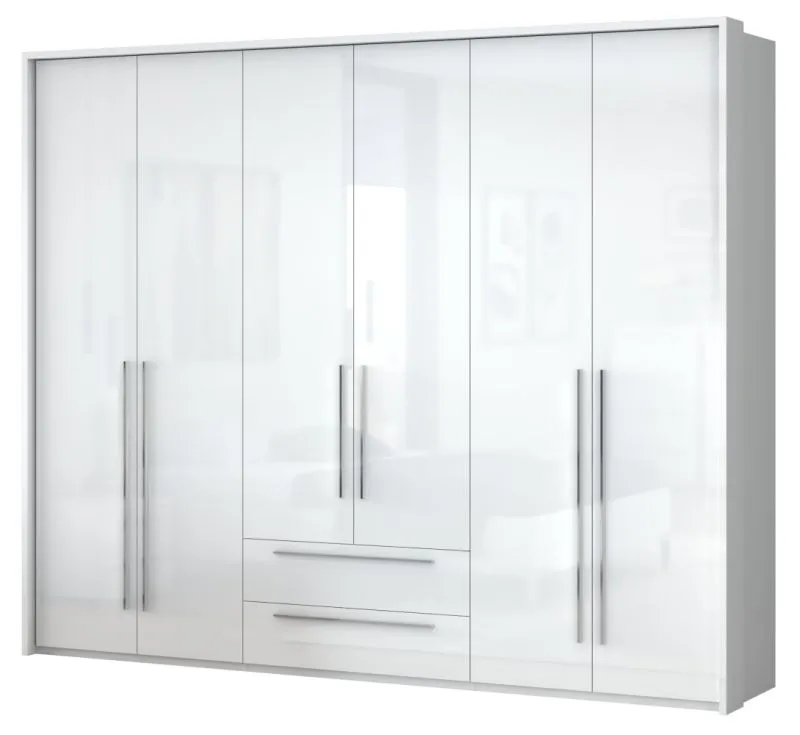 Drehtürenschrank / Kleiderschrank mit LED-Rahmen Siumu 33, Farbe: Weiß / Weiß Hochglanz - 226 x 277 x 60 cm (H x B x T)