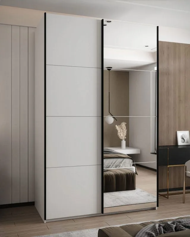 Kleiderschrank / Schiebetürenschrank | 2 Schiebetüren | 11 Fächer | 245,5 x 160 x 64 cm | Spiegel | Soft-Close | 2 Kleiderstangen | Farbe: Weiß