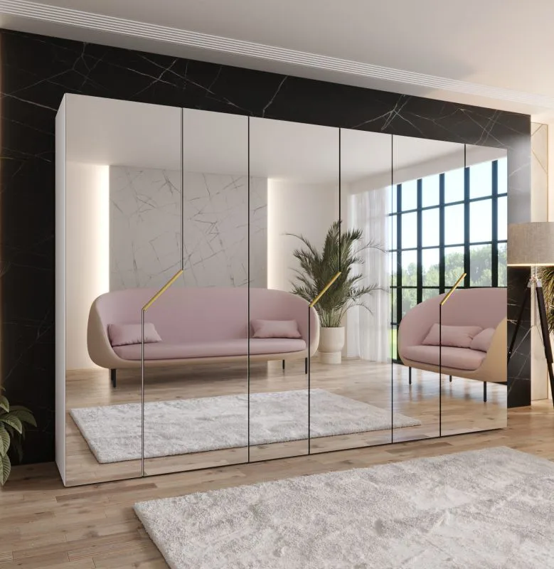Drehtürenschrank | Farbe: Weiß | Soft-Close-Funktion | Griffe: Gold | 3 Fächer | 3 Kleiderstangen | Maße: 300 x 52 x 202 cm | ABS | Kleiderschrank