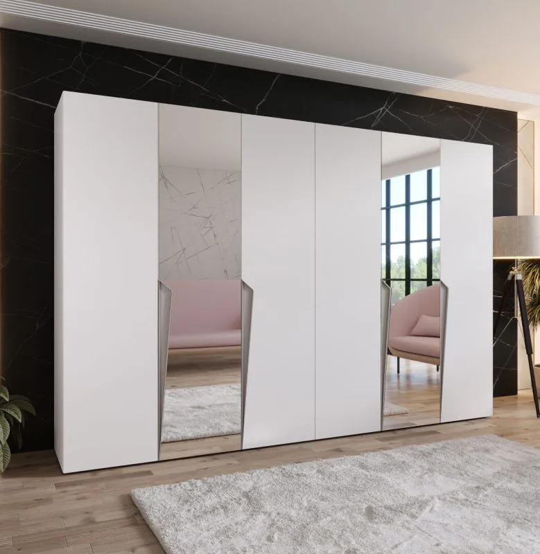 Kleiderschrank / Drehtürenschrank | Farbe: Weiß | 2 Spiegeltüren | 4 Fächer | 4 Kleiderstangen | Soft-Close | Griffe: Kaschmir | Maße: 300 x 52 x 202 cm | ABS