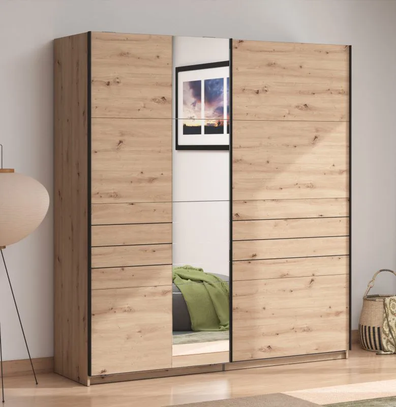 Schiebetürenschrank | Farbe: Eiche Artisan | 1 Spiegeltür | Maße: 195 x 61 x 217,5 cm | 2 Kleiderstangen | Kleiderschrank | 2 Fächer | ABS-Kanten