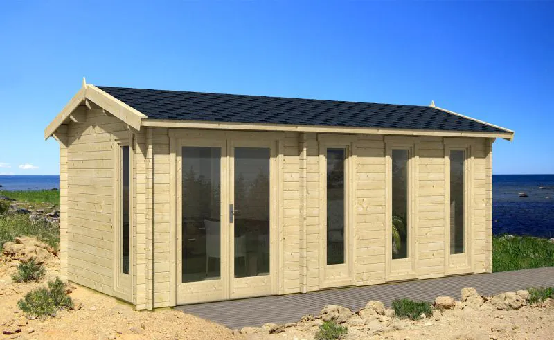 Holz-Gartenhaus 3,44 x 5,95 Meter (inkl. Dach) | 4 Fenster | 40 mm Blockbohlen |natur unbehandelt | Satteldach | inkl. Fußboden | aus nordischer Fichte Abbildung
