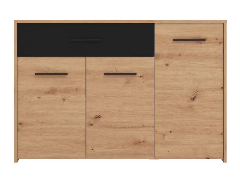 Sideboard / Kommode mit vier Fächer Brus 17, Farbe: Eiche Artisan / Schwarz, eine Schublade, drei Türen, Maße: 80,5 x 119 x 33 cm, ABS-Kantenschutz