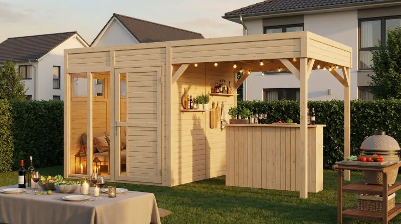 Gartenhaus mit Anbaudach | Naturbelassen | Poolhaus | Elementbauweise | Grundfläche: 10,51 m² | inkl. Fußboden | Flachdach | Sonnenfreude 01 | Fenster aus Sicherheitsglas