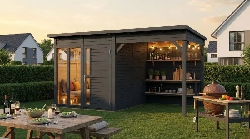 Gartenlaube | Schleppdach | inkl. Fußboden | Anthrazit | Elementbauweise |  4,49 x 2,34 Meter | Poolhaus | Sonnenglück 01  | Flachdach | Fenster aus Sicherheitsglas