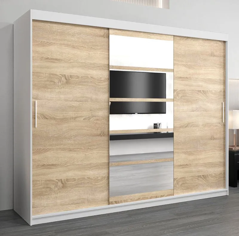 250 cm breiter Kleiderschrank mit 10 Fächern und 3 Türen | Farbe: Sonoma Eiche / Weiß Abbildung