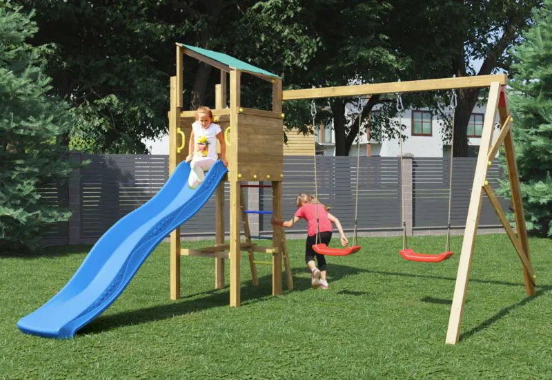 Spielturm / Kletterturm Anton inkl. Doppelschaukel und Wellenrutsche FSC®