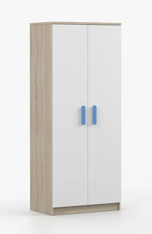 Kleiderschrank / Drehtürenschrank | Weiß / Sonoma Eiche | Smolikas 51 | 2 Türen | Kleiderstange | 192 x 50 x 80 cm | blaue Holzgriffe | 5 Fächer